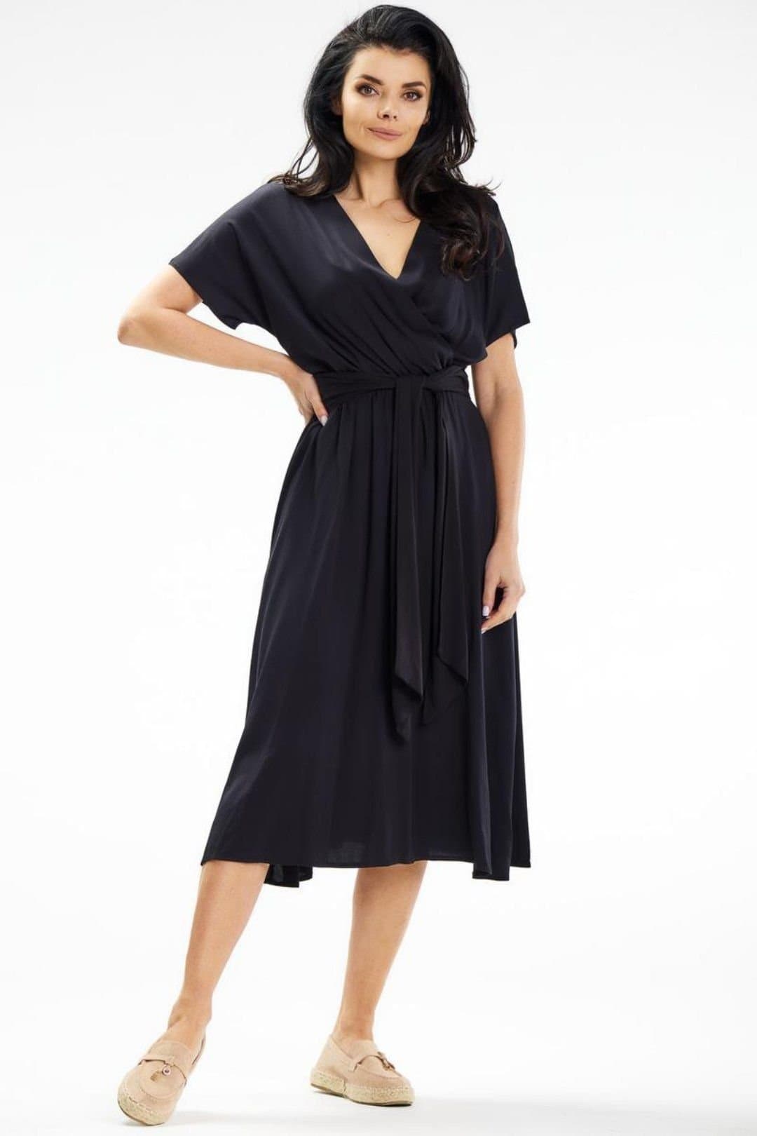 Love Lace Love Lace Women's Sash Tie Envelope Flared Midi Dress in Black