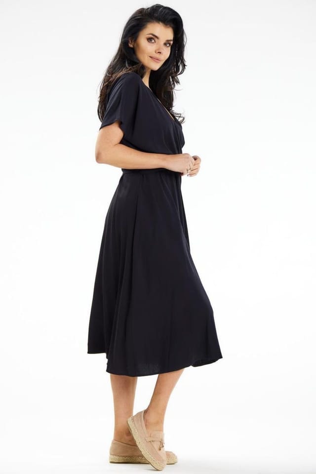 Love Lace Love Lace Women's Sash Tie Envelope Flared Midi Dress in Black - 2
