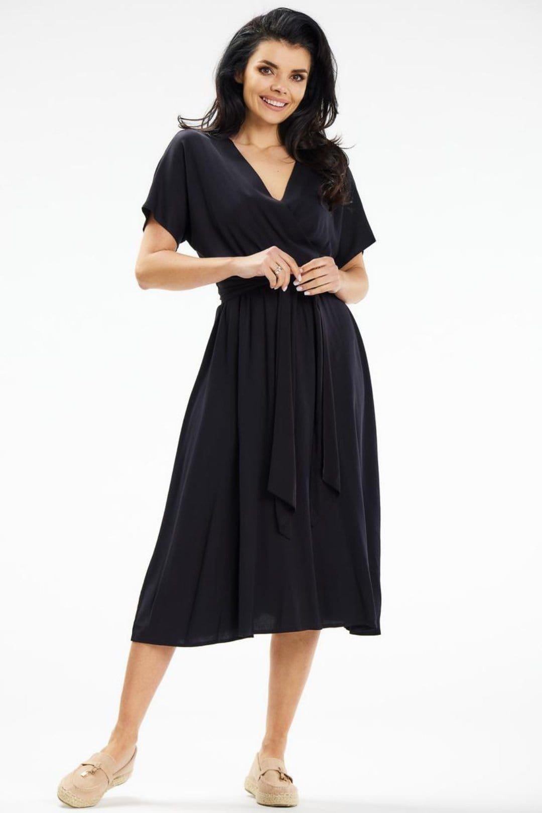 Love Lace Love Lace Women's Sash Tie Envelope Flared Midi Dress in Black - 4