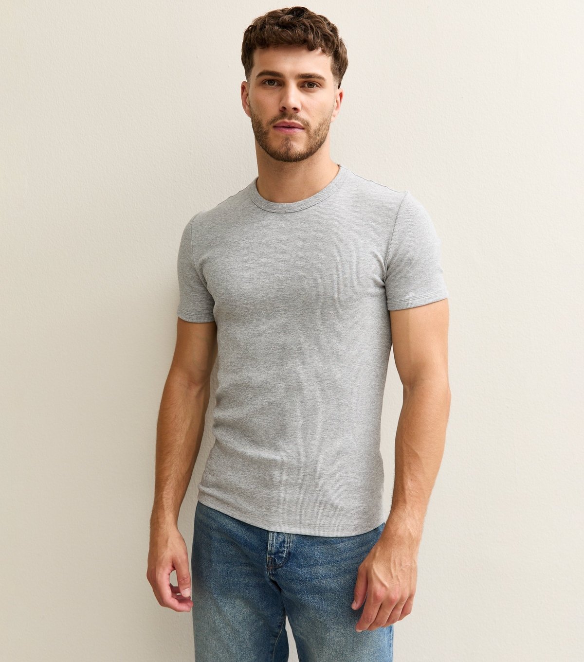 New Look Men's Marl Grey Muscle Fit Ribbed Jersey T-Shirt New Look - 2