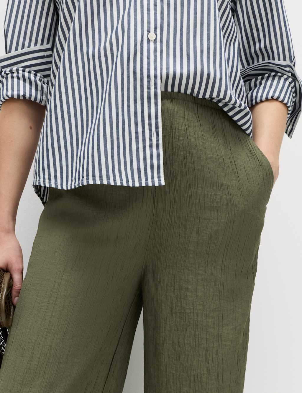 Marks & Spencer M&S Crinkle Elasticated Waist Wide Leg Trousers Khaki - 2
