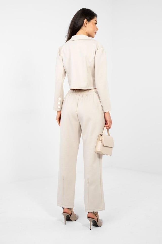 Love Lace Love Lace Women's Elegant Short Blazer Long Trousers Set in Beige - 3