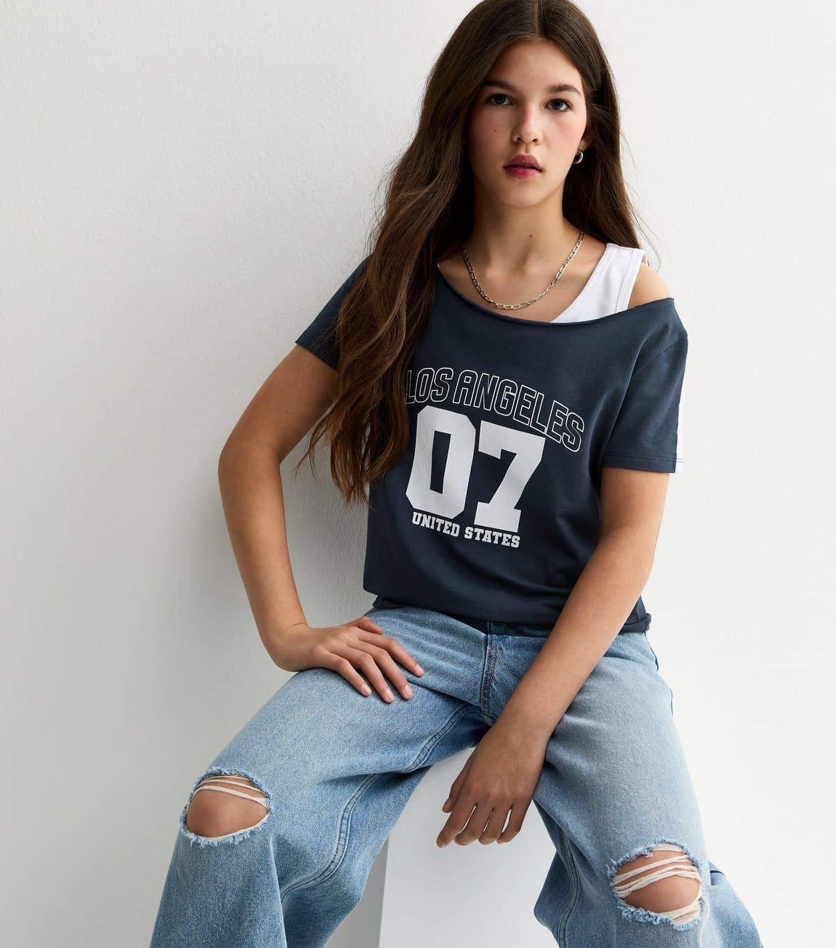 New Look Girls' Navy 07 LA 2 In 1 Logo Off Shoulder Top New Look