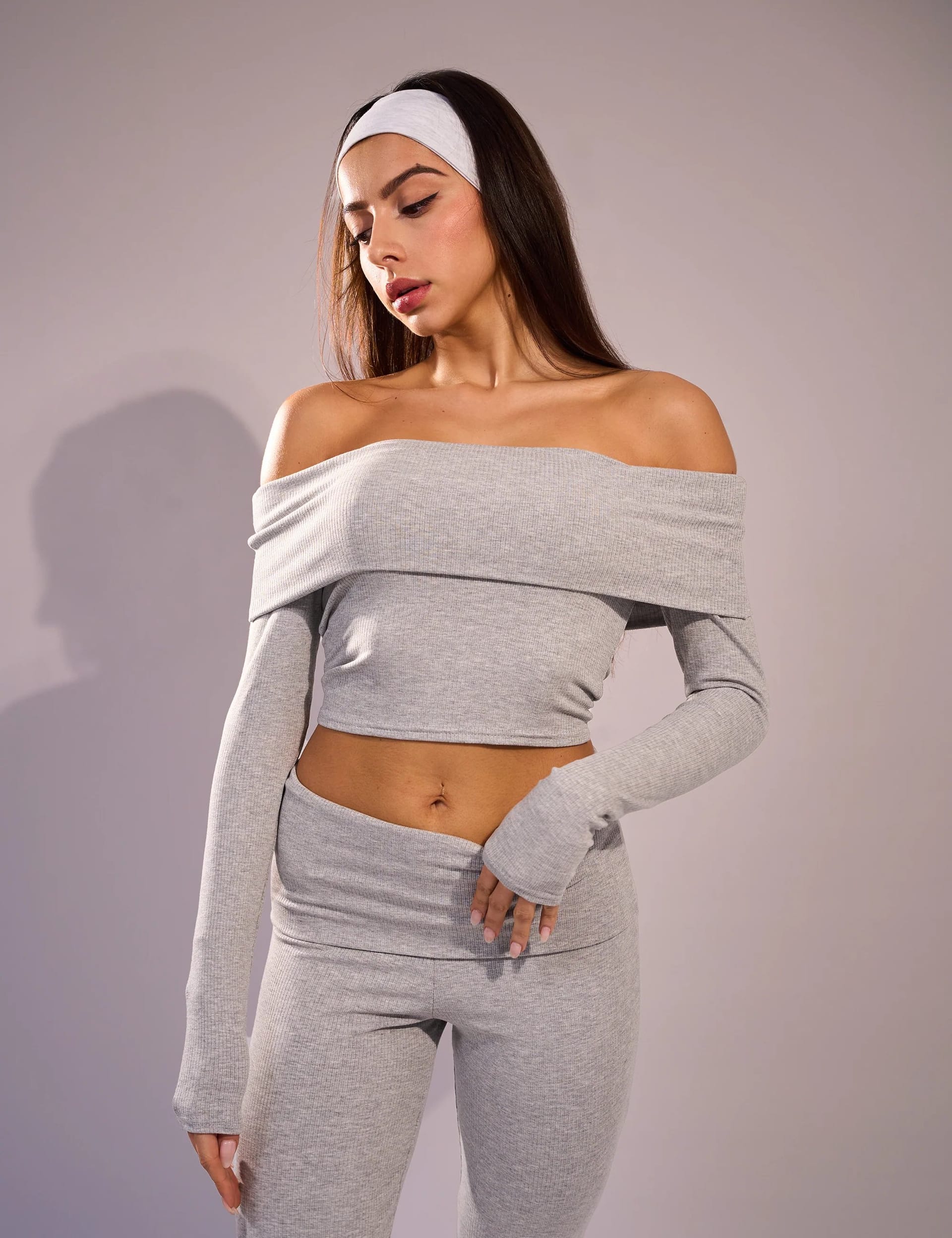 Public Desire UK Grey Ribbed Off-Shoulder Long Sleeve Top