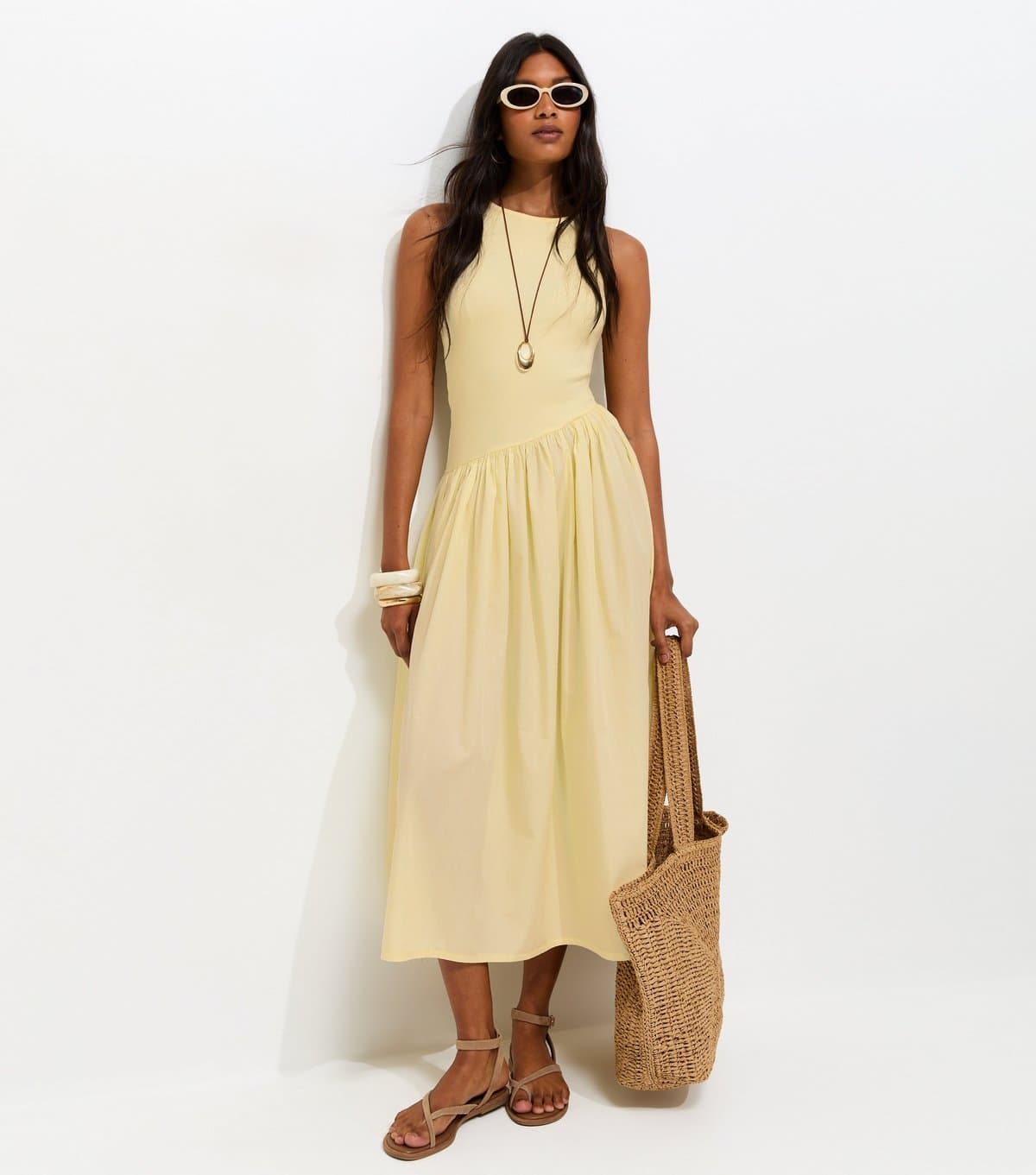 New Look Women's Light Yellow Asymmetric Waist Sleeveless Midi Dress New Look