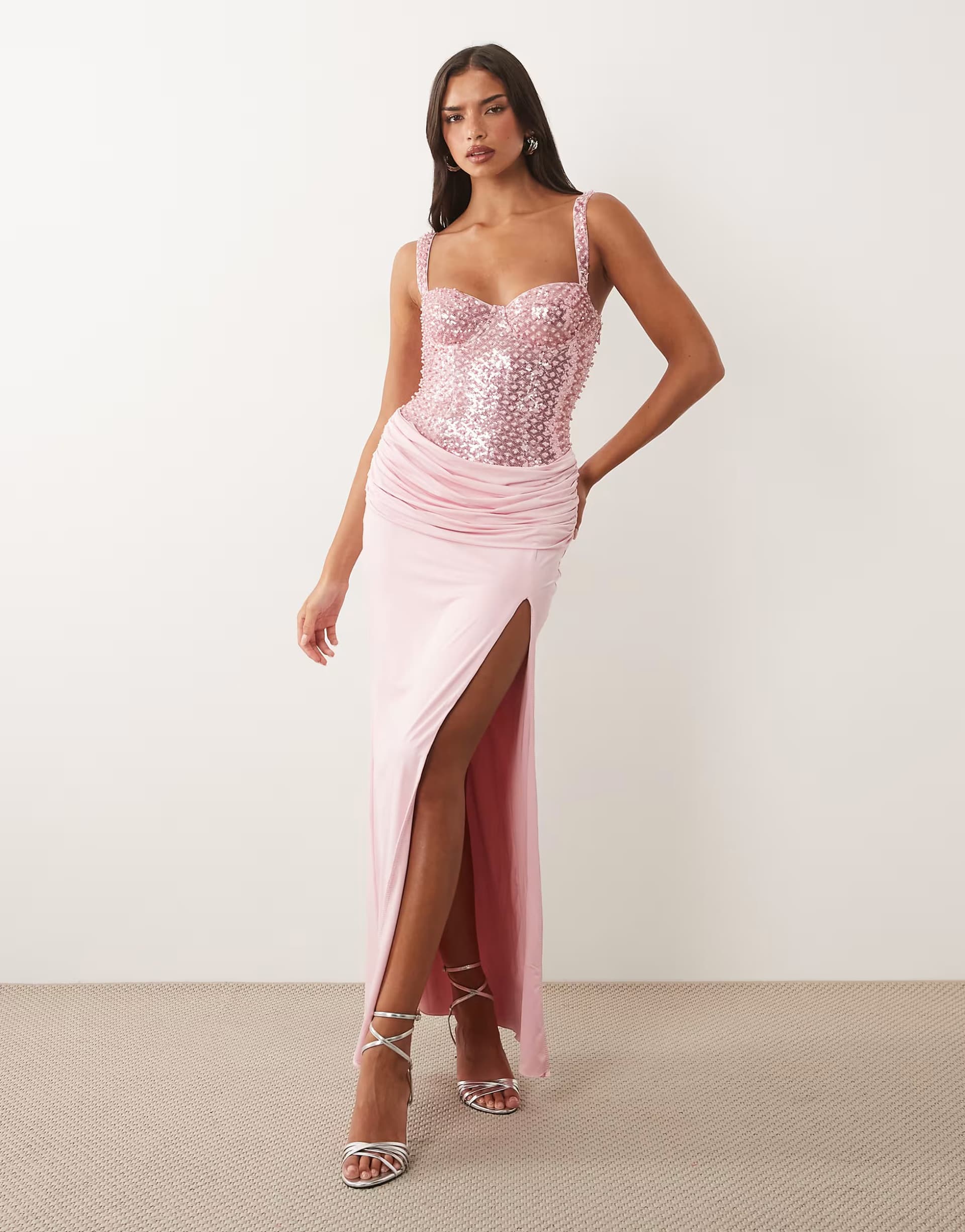 ASOS Oh Polly embellished corset draped detail maxi dress in pink