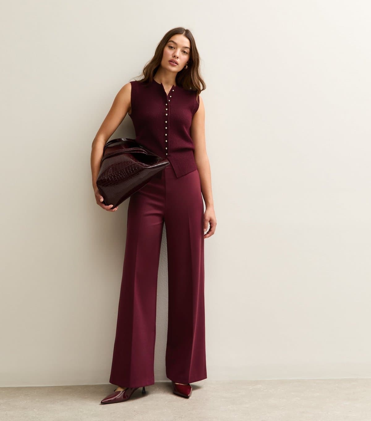 New Look New Look Burgundy Jersey Wide Leg Trousers
