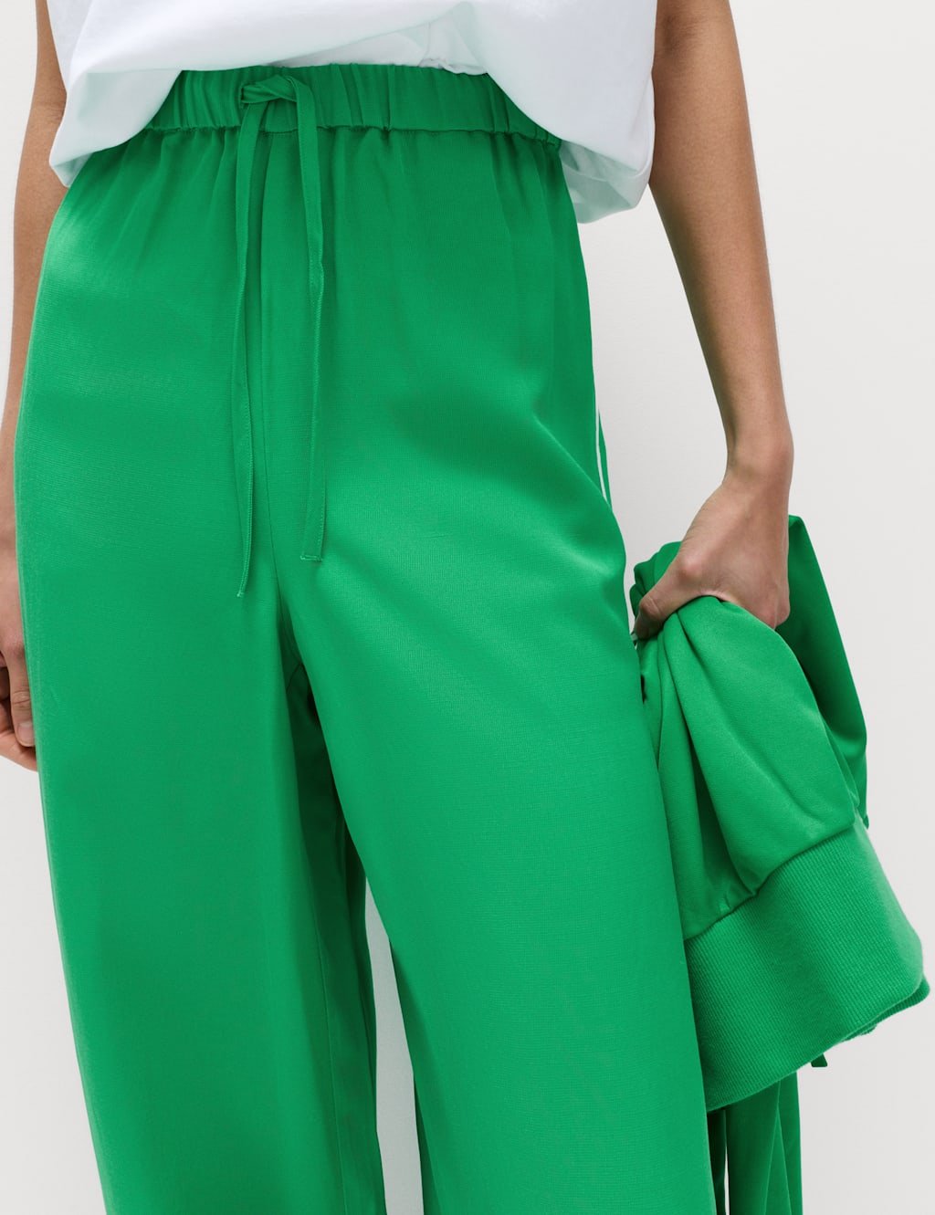 Marks & Spencer M&S Side Stripe Wide Leg Trousers with Linen Green Mix - 4