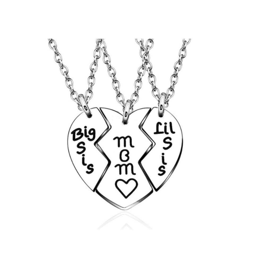 Lovii Lovii Women's Mother & Daughters Matching Heart Necklace Set - Big Sis, Mom, Lil Sis in Metallic Silver