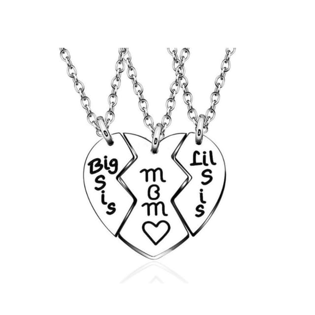 Lovii Lovii Women's Mother & Daughters Matching Heart Necklace Set - Big Sis, Mom, Lil Sis in Metallic Silver - 2