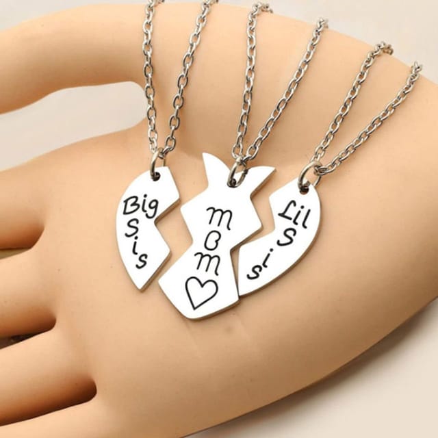 Lovii Lovii Women's Mother & Daughters Matching Heart Necklace Set - Big Sis, Mom, Lil Sis in Metallic Silver - 3