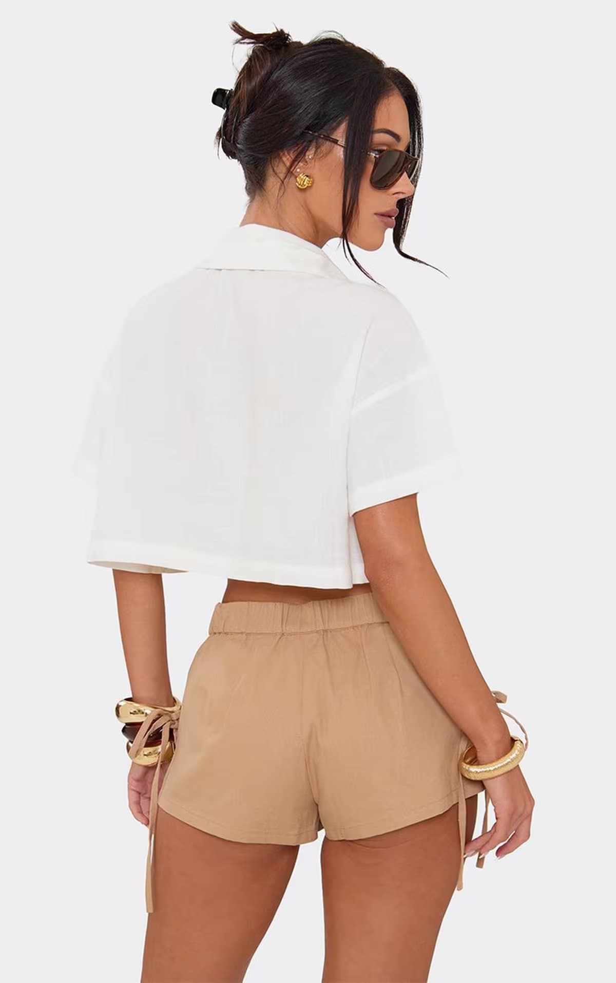 EGO EGO White Cotton Poplin Short Sleeve Cropped Shirt