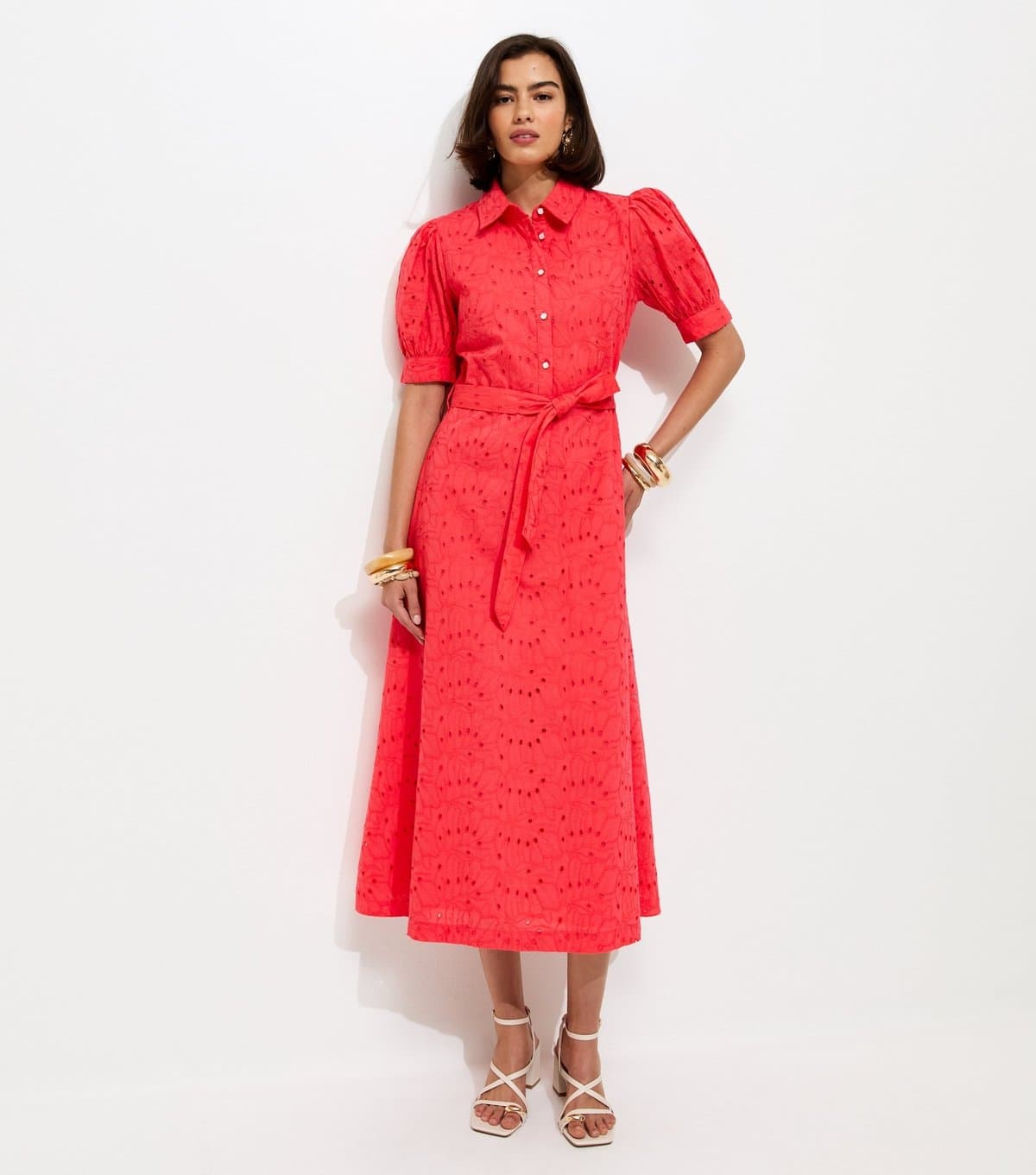 New Look Women's Coral Broderie Shirt Midi Dress New Look