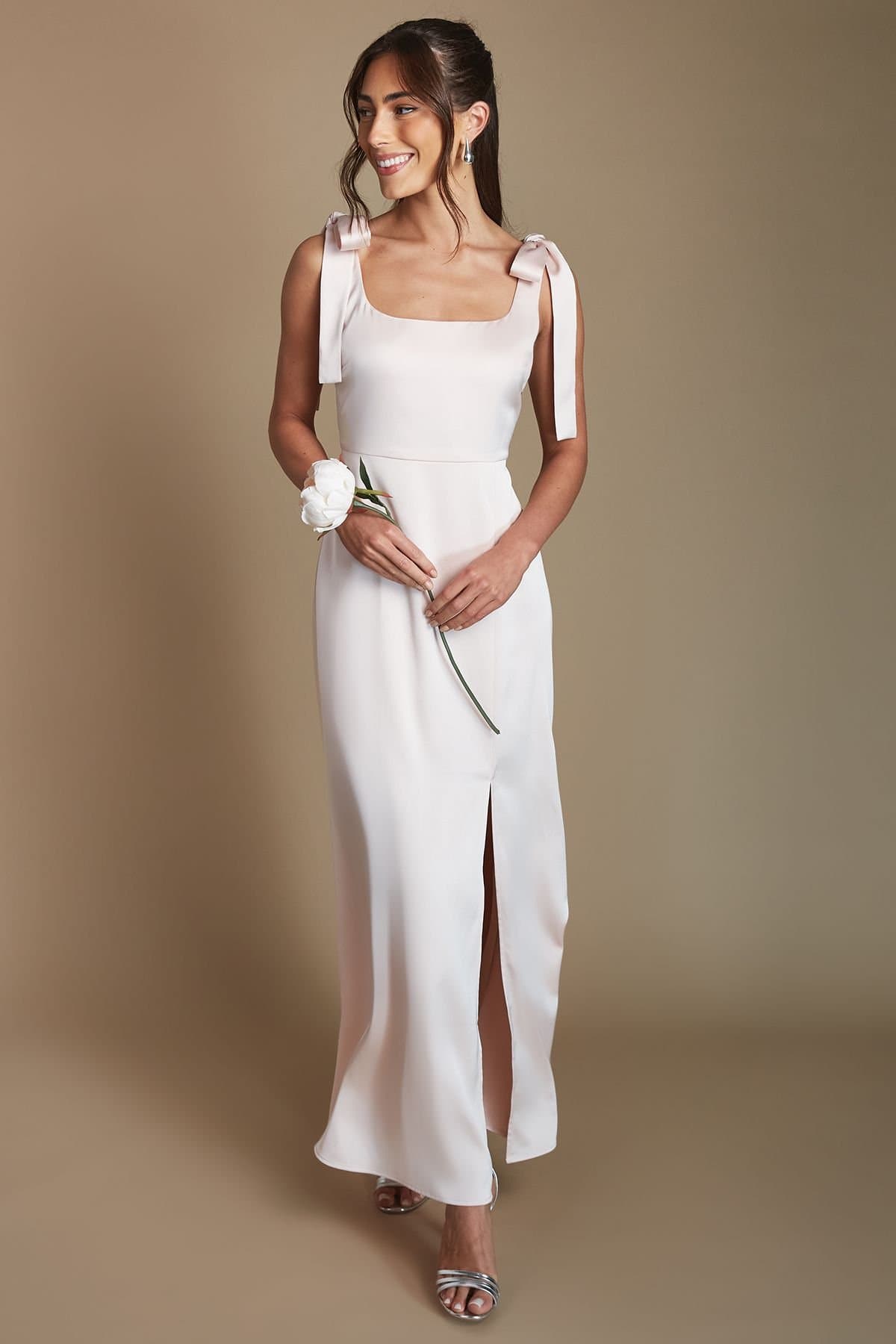 Oasis Oasis Women's Blush Satin Tie Shoulder Midi Bridesmaid Dress
