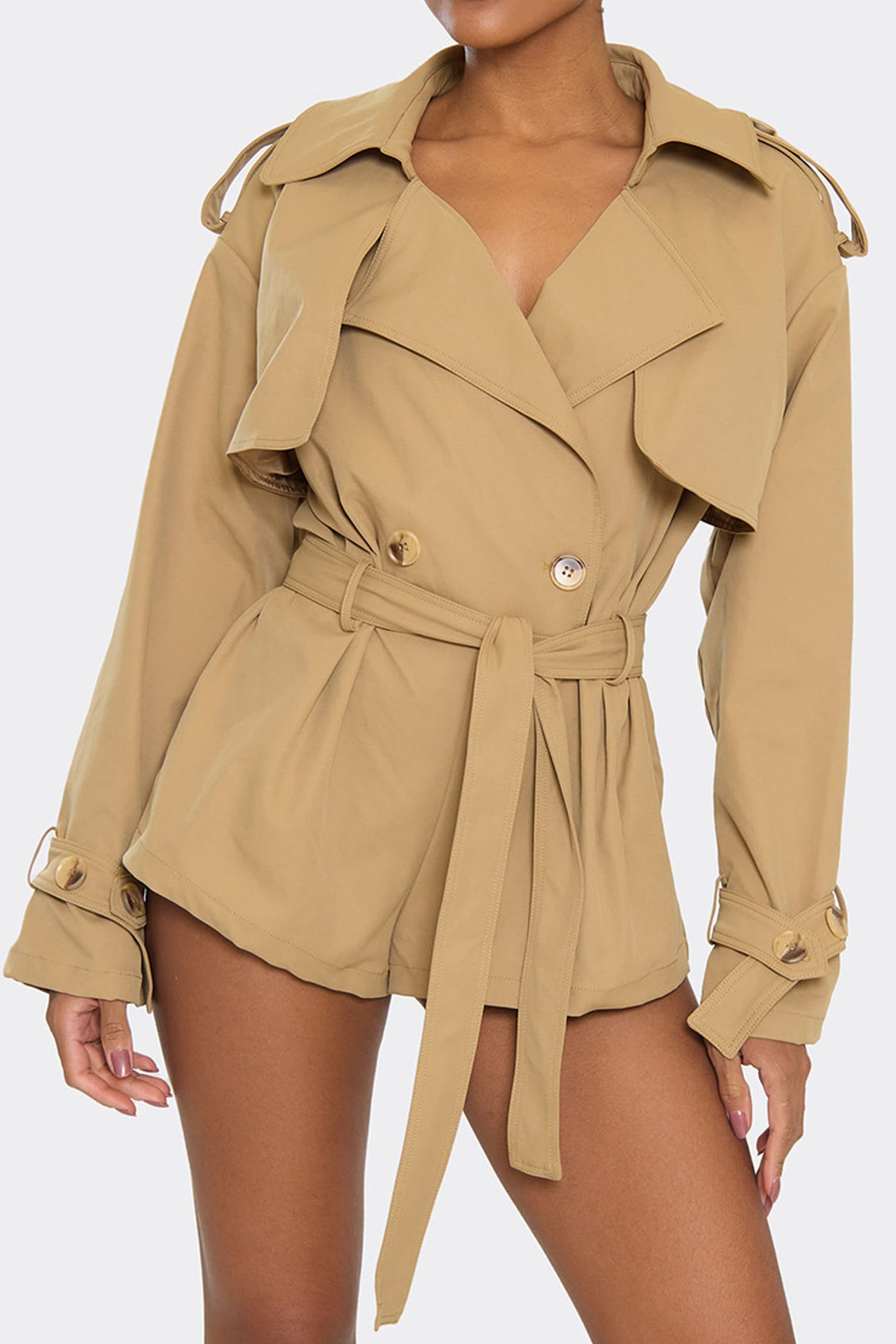 EGO EGO Women's Wide Leg Long Sleeve Belted Waist Playsuit in Camel