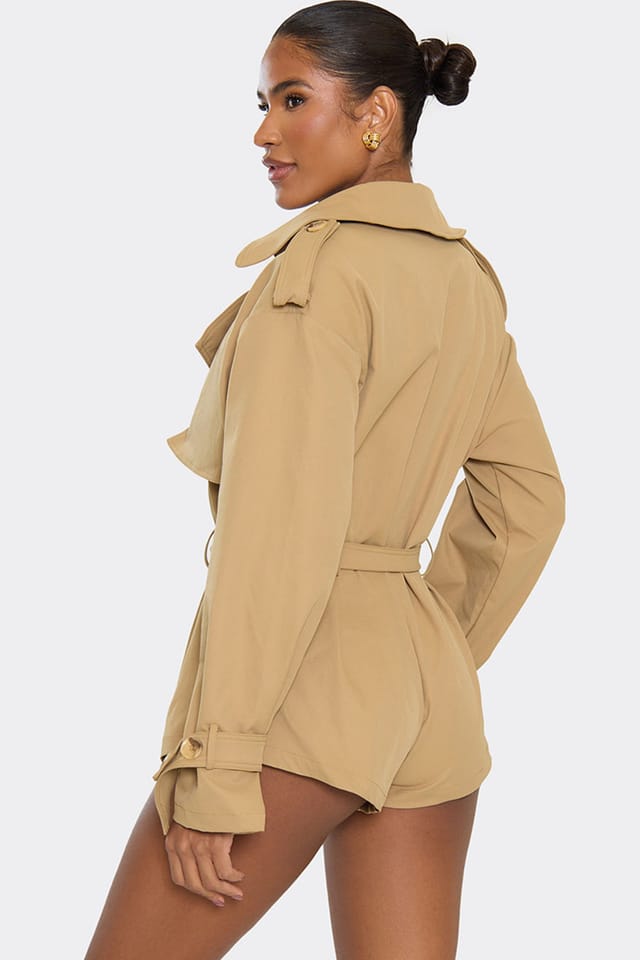 EGO EGO Women's Wide Leg Long Sleeve Belted Waist Playsuit in Camel - 2