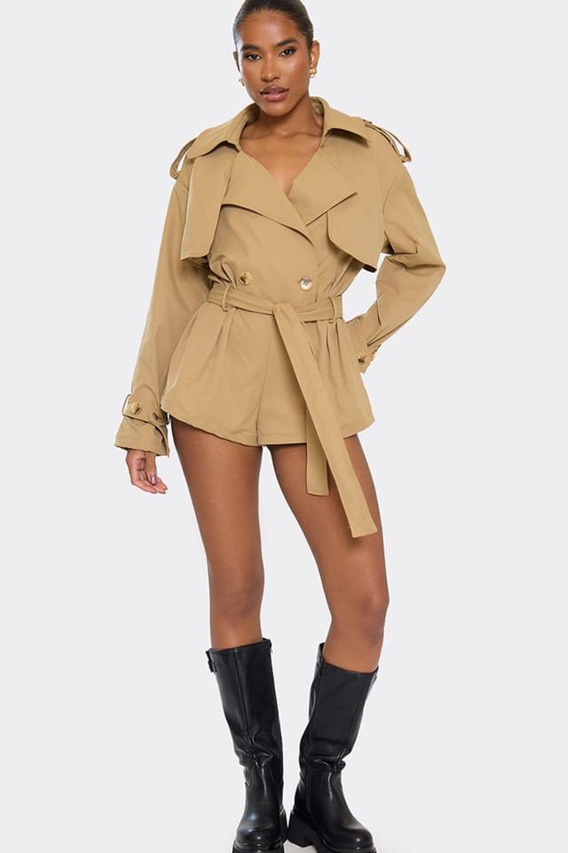 EGO EGO Women's Wide Leg Long Sleeve Belted Waist Playsuit in Camel - 3