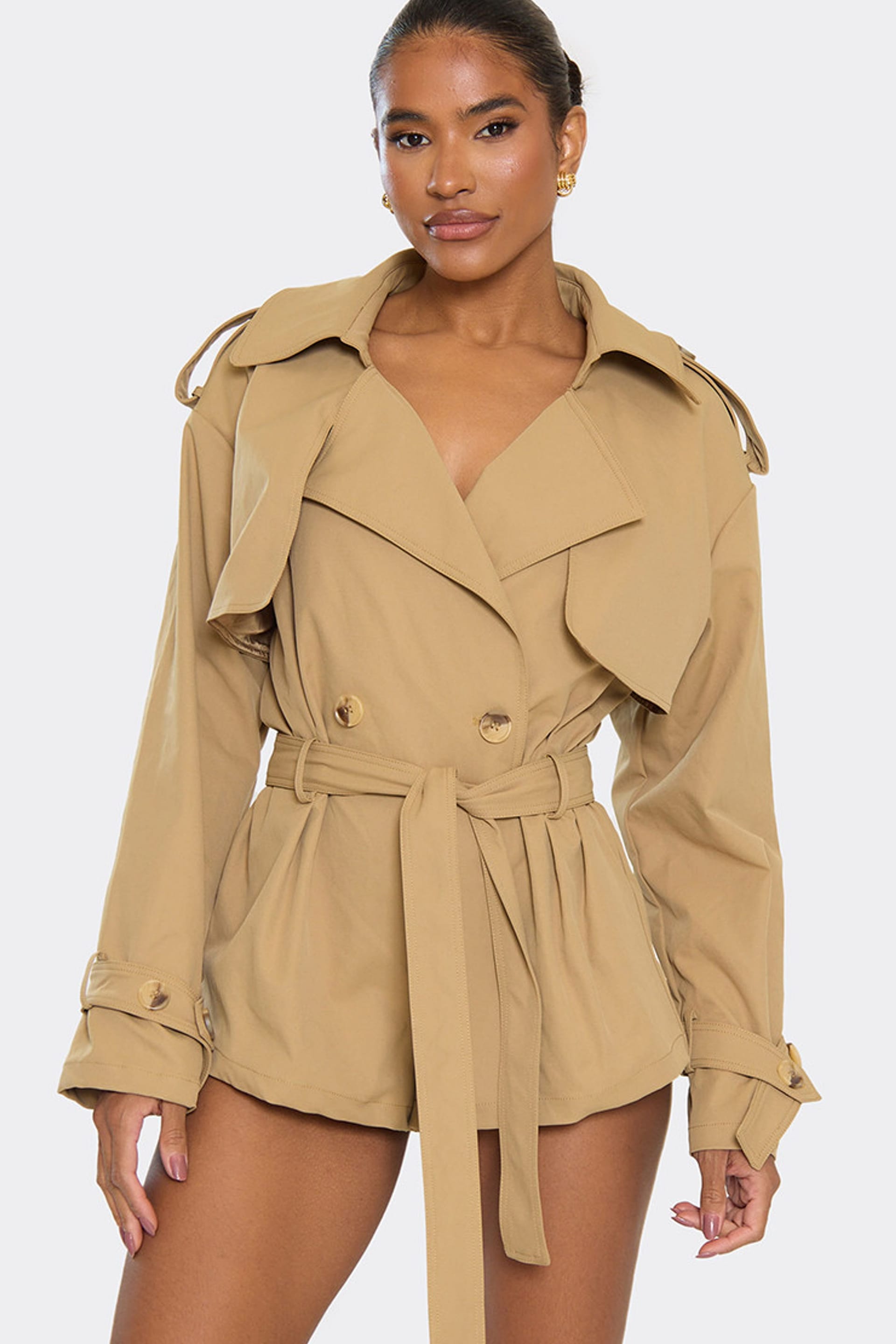 EGO EGO Women's Wide Leg Long Sleeve Belted Waist Playsuit in Camel - 4