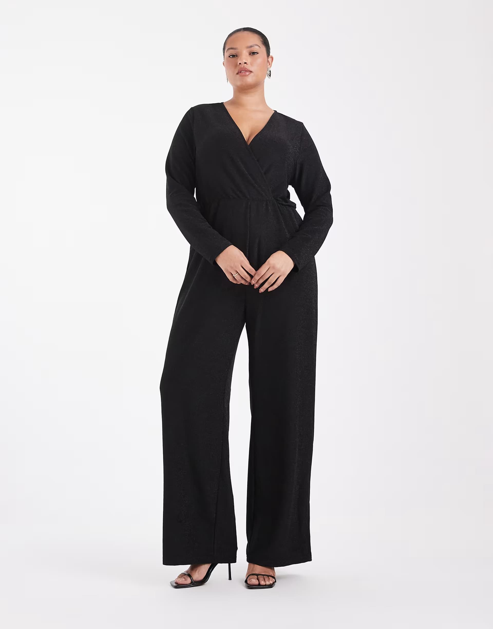 ASOS ONLY Curve wrap front wide leg glitter jumpsuit in black