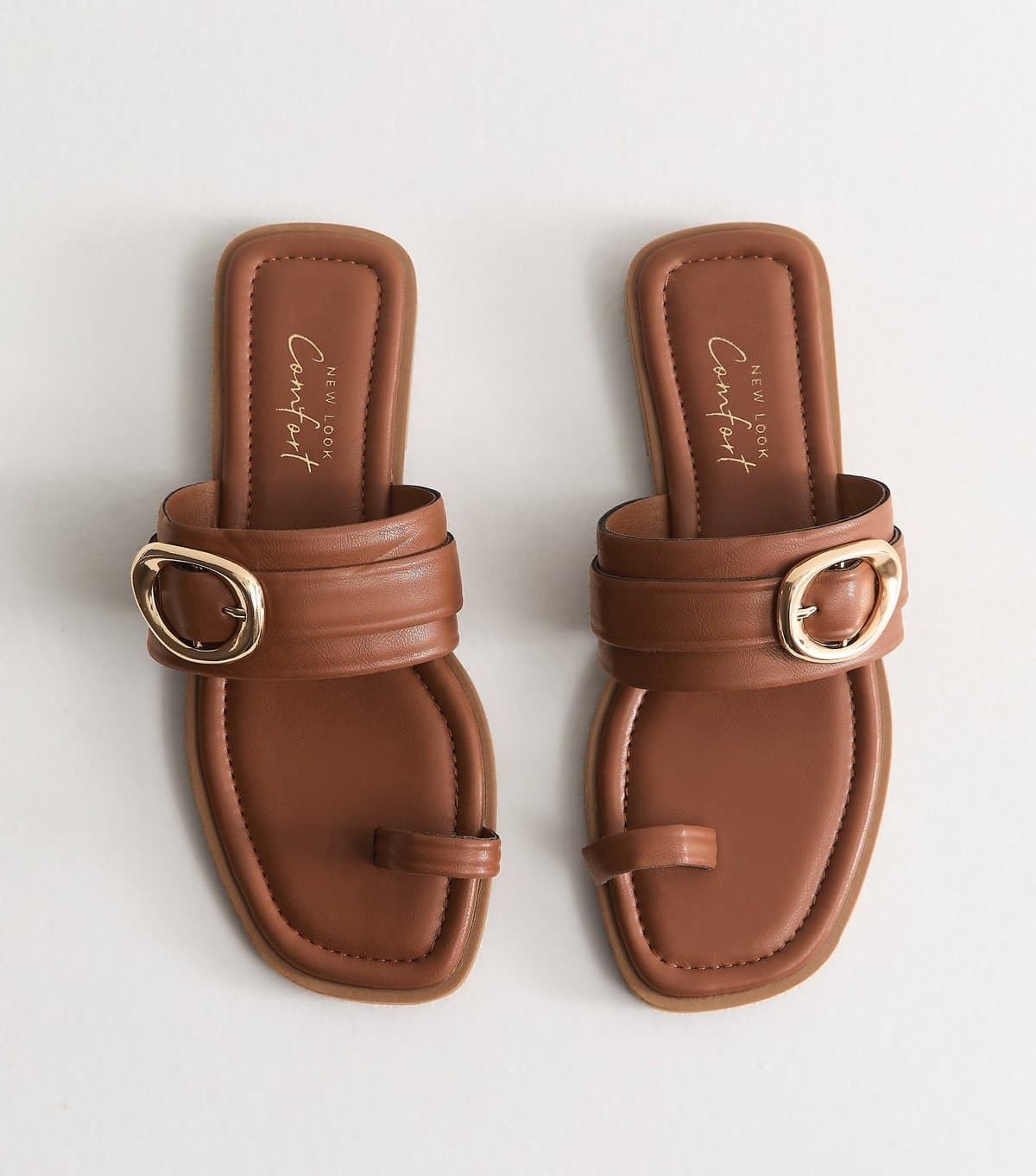 New Look Women's Tan Faux Leather Toe Loop Buckle Strap Flat Sandals Vegan New Look
