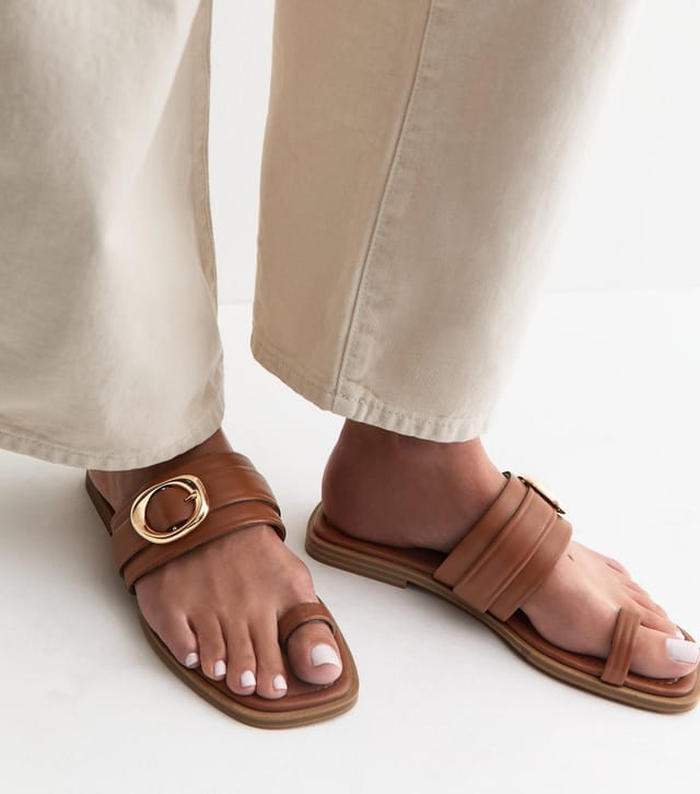 New Look Women's Tan Faux Leather Toe Loop Buckle Strap Flat Sandals Vegan New Look - 2