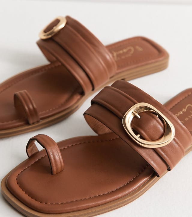 New Look Women's Tan Faux Leather Toe Loop Buckle Strap Flat Sandals Vegan New Look - 3