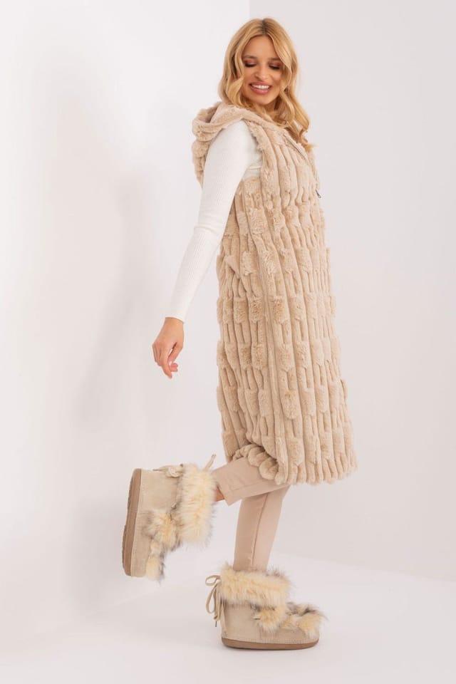 Love Lace Love Lace Women's Hooded Faux Fur Vest with Zip Front in Beige - 2