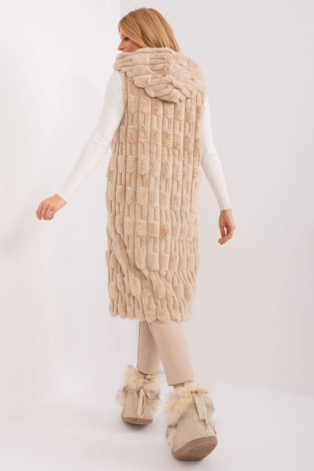 Love Lace Love Lace Women's Hooded Faux Fur Vest with Zip Front in Beige - 3