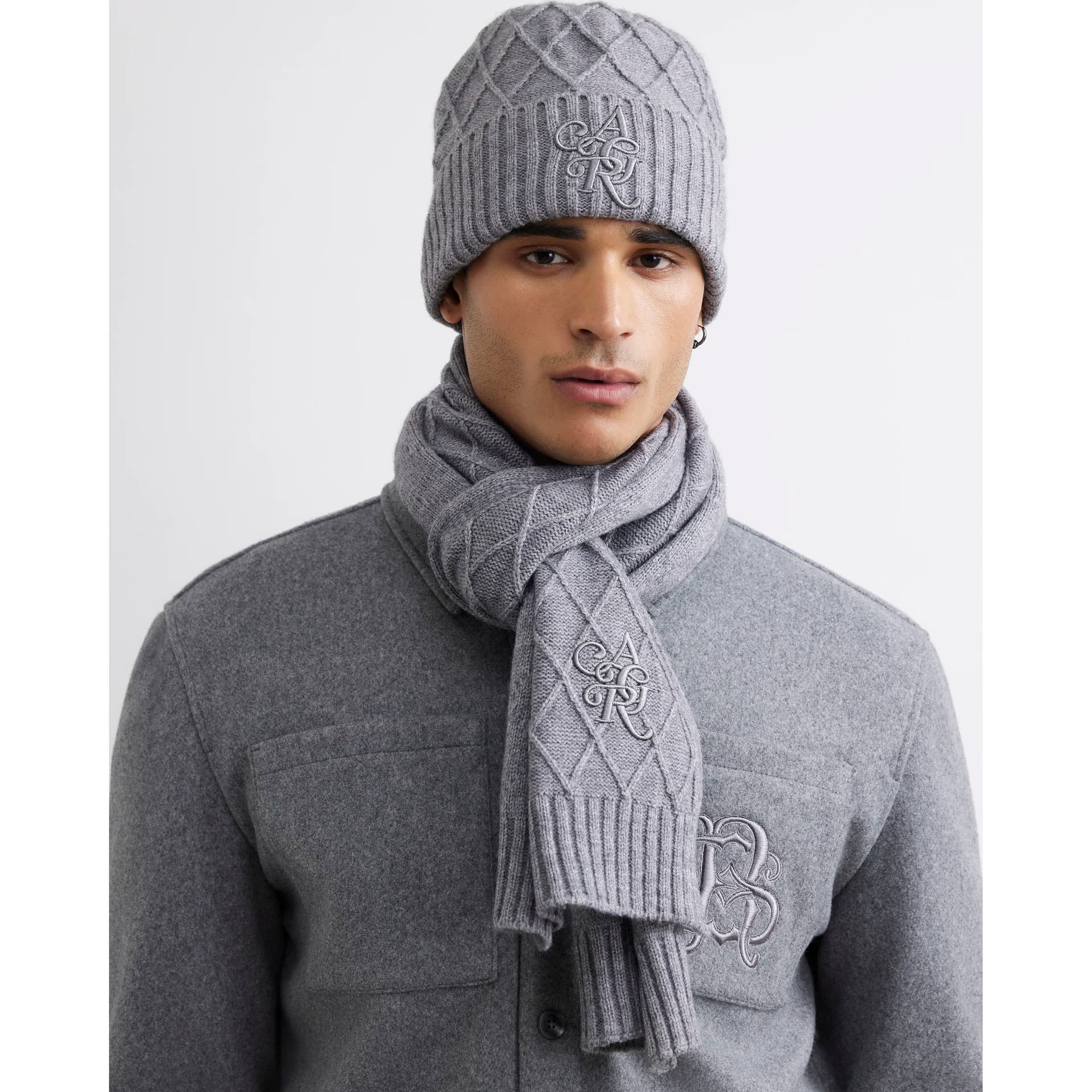 River Island Mens River Island Grey Diamond Knit Scarf And Hat Gift Set
