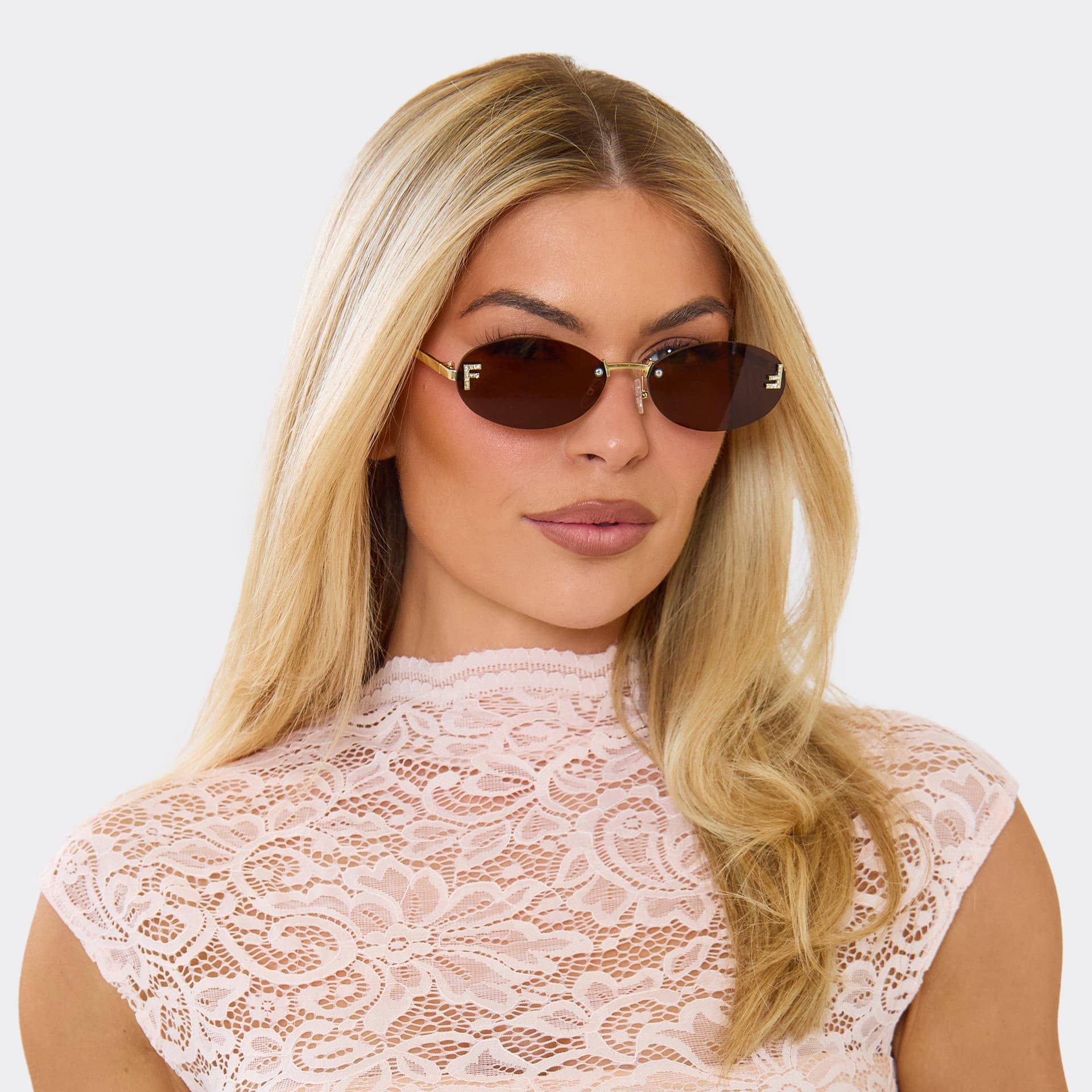 EGO Diamante Detail Tinted Lense Oval Shaped Sunglasses In Brown, Women's Size UK 0