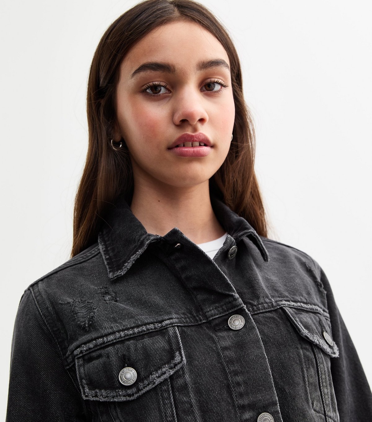 New Look Girls' Black Cropped Distressed Denim Jacket New Look - 2