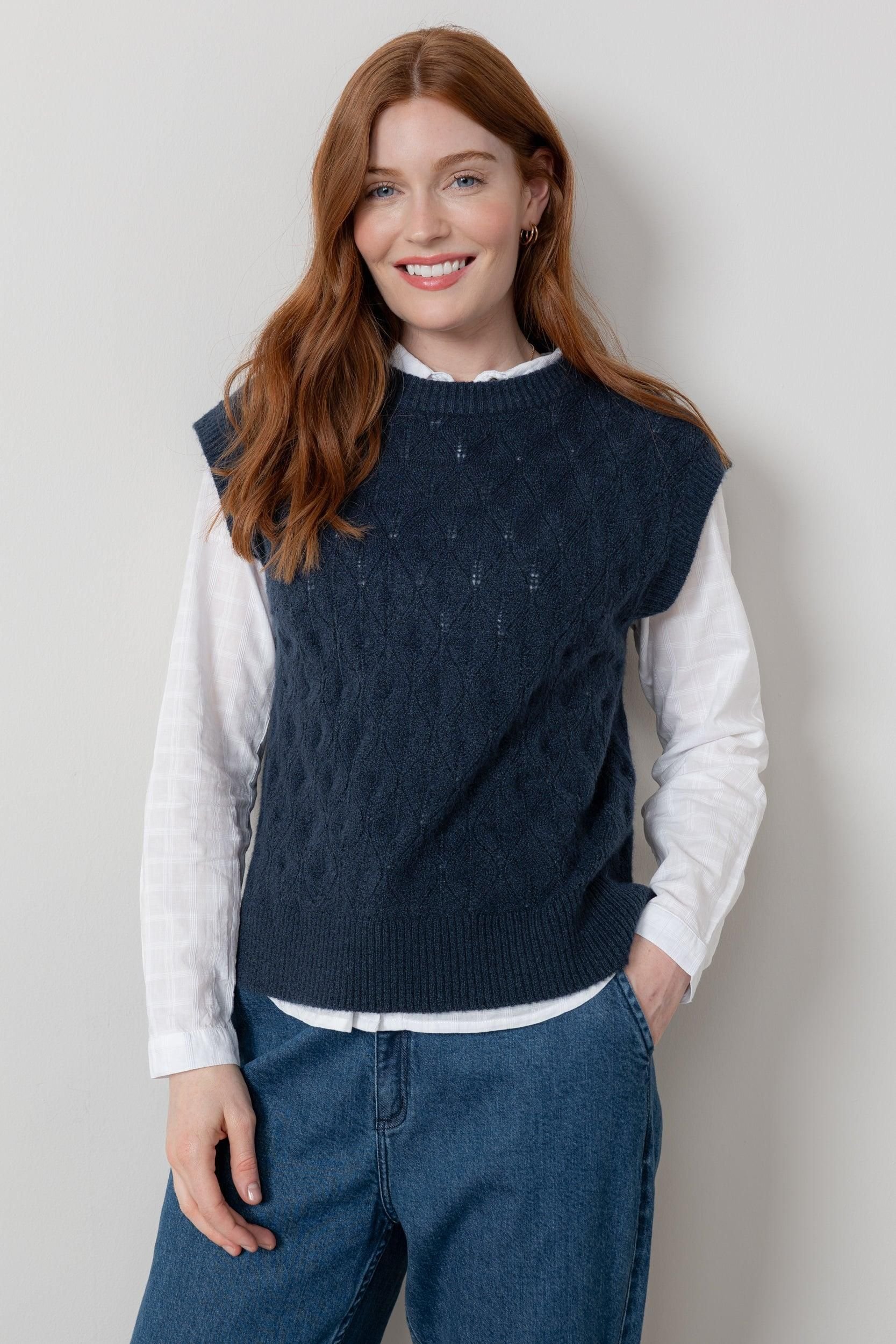 Lily & Me Lily & Me Women's Wallace Crew Neck Capped Sleeve Pointelle Knit Tank Top in Navy - 2