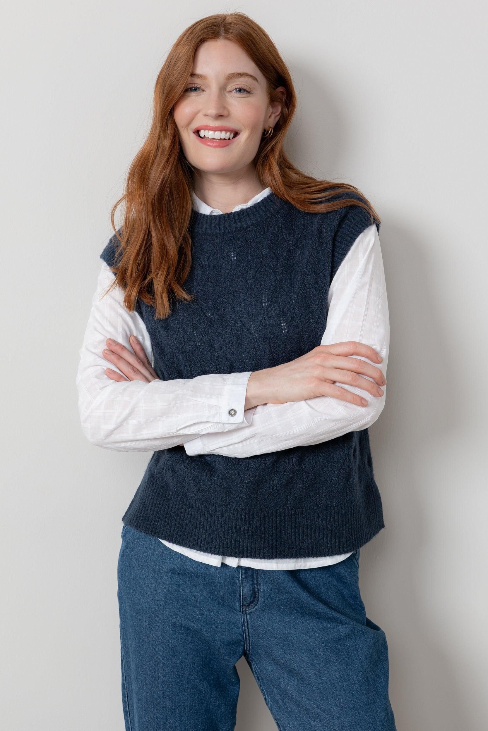 Lily & Me Lily & Me Women's Wallace Crew Neck Capped Sleeve Pointelle Knit Tank Top in Navy - 3