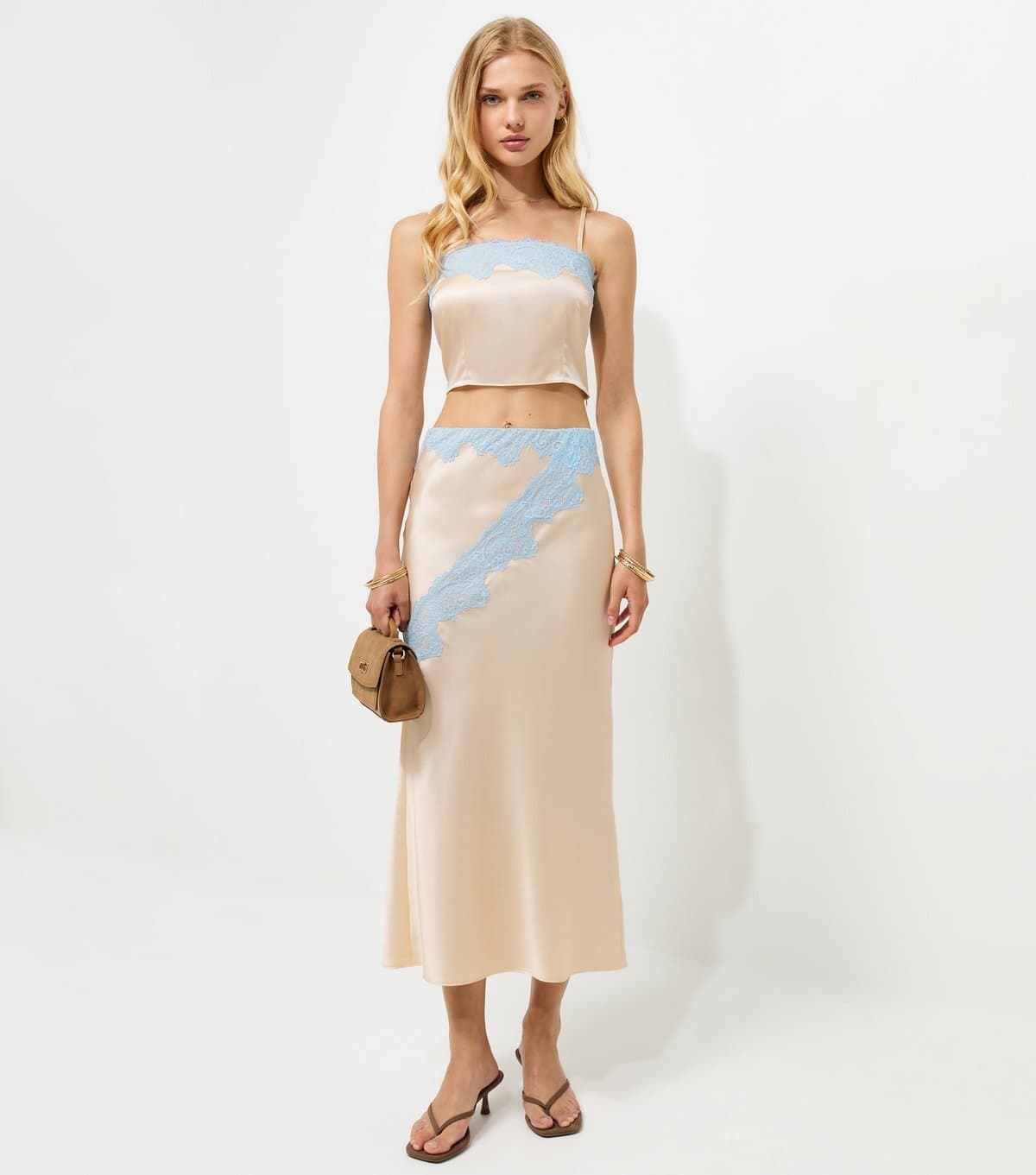 New Look Women's Mink Satin Contrast Waist Lace Midi Skirt New Look