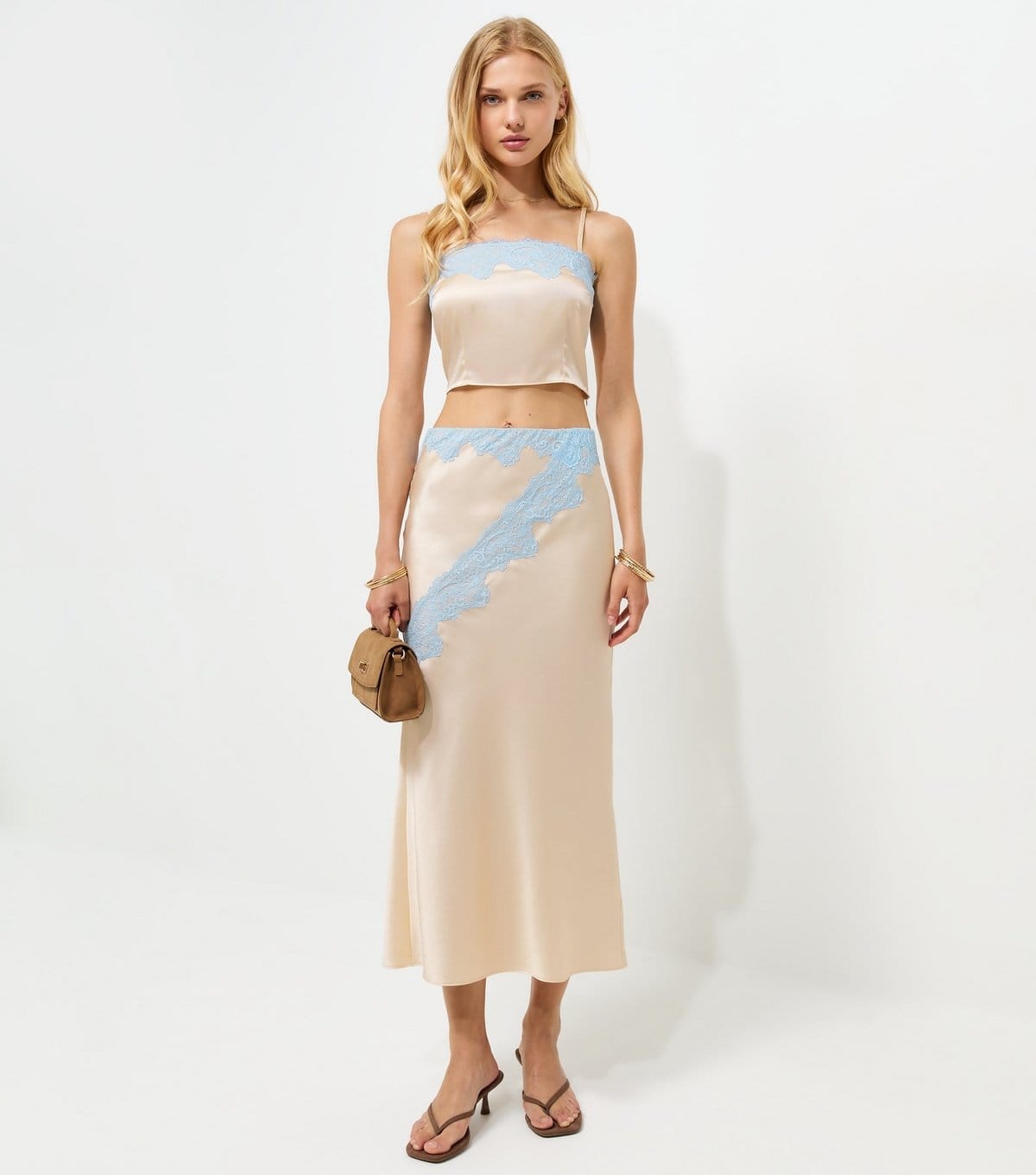 New Look Women's Mink Satin Contrast Waist Lace Midi Skirt New Look - 1