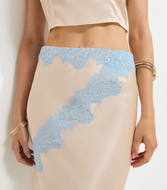 New Look Women's Mink Satin Contrast Waist Lace Midi Skirt New Look - 2
