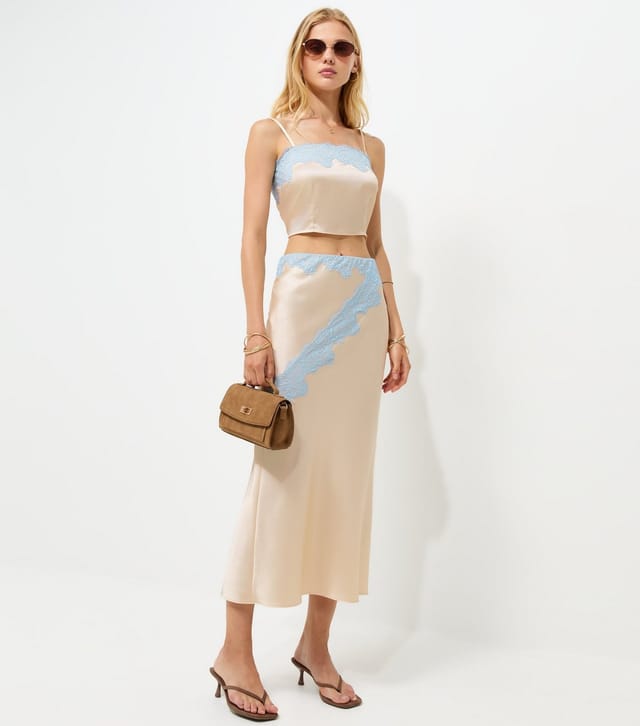 New Look Women's Mink Satin Contrast Waist Lace Midi Skirt New Look - 3