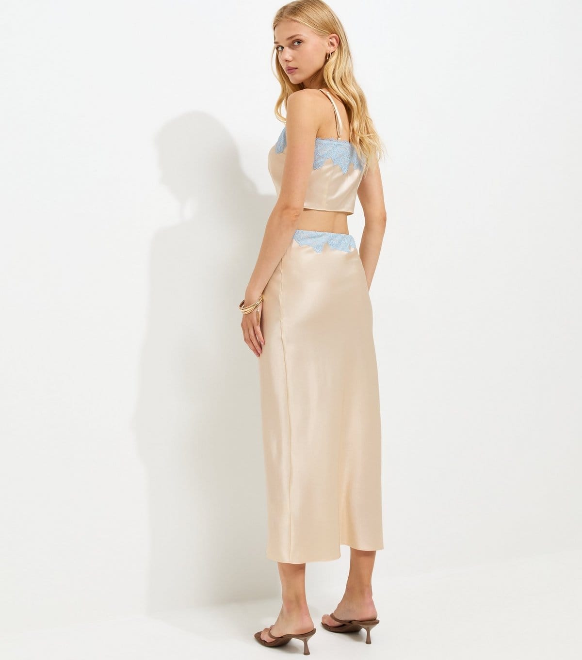 New Look Women's Mink Satin Contrast Waist Lace Midi Skirt New Look - 4