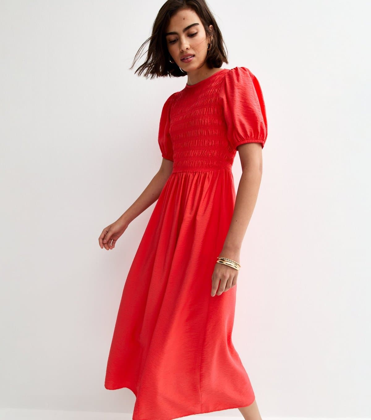 New Look Women's Red Shirred Body Short Sleeve Midi Dress New Look