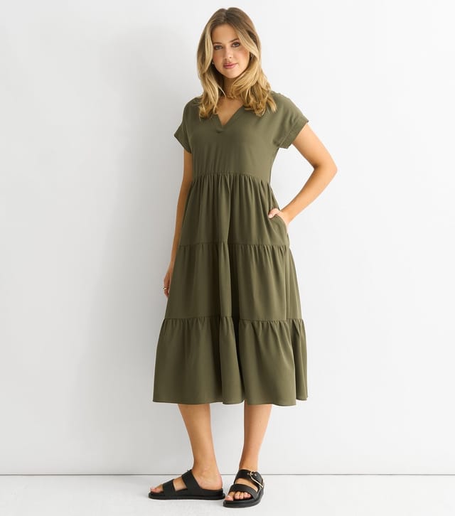 Gini London Women's Khaki Tiered Midi Smock Dress Gini London New Look - 2