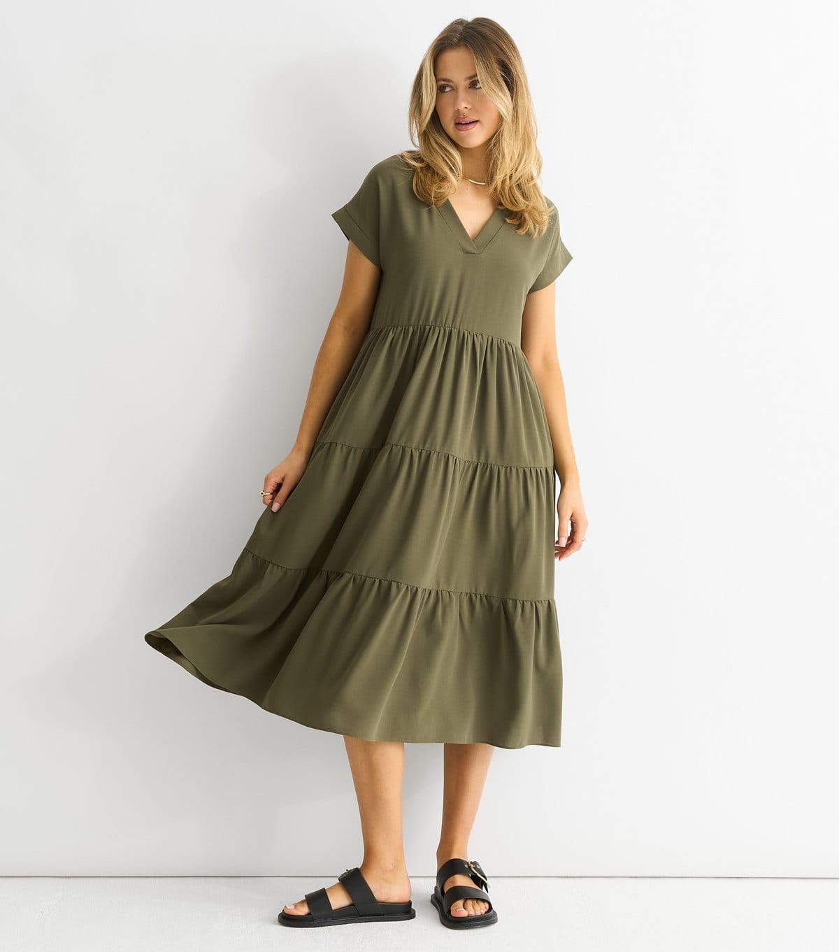 Gini London Women's Khaki Tiered Midi Smock Dress Gini London New Look - 4