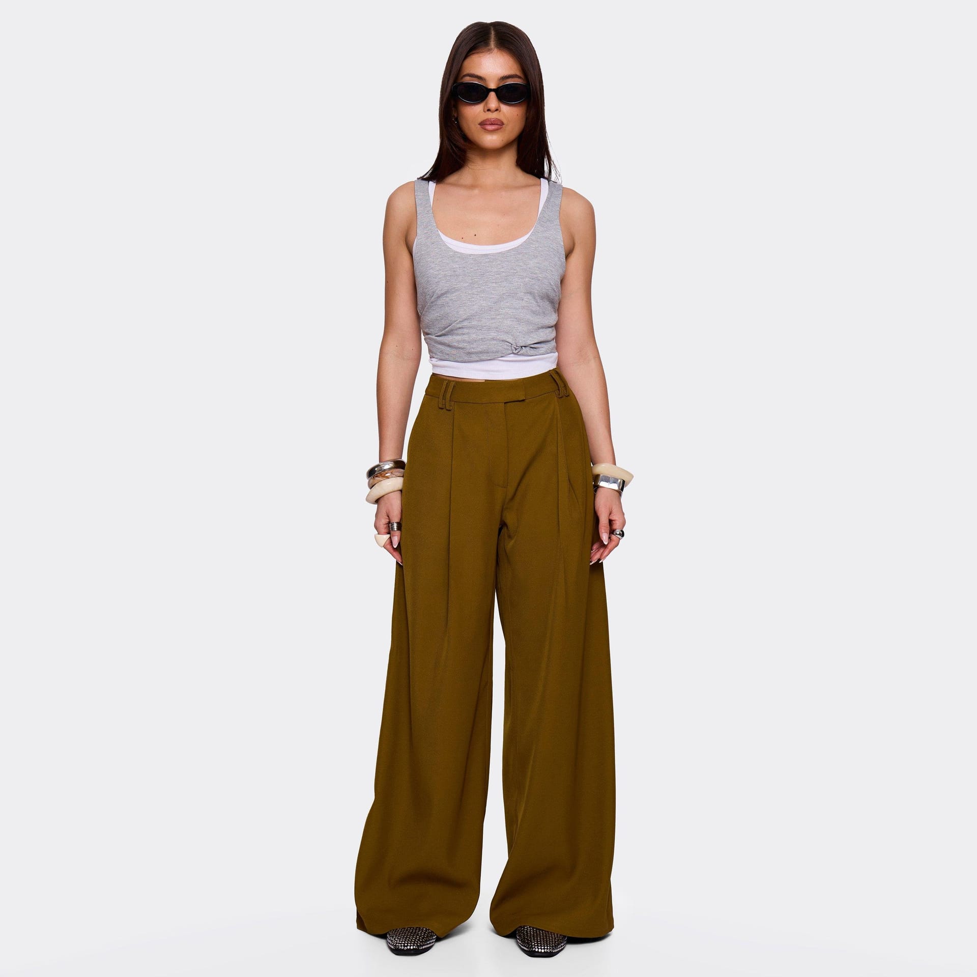 EGO Olive Green Pleated Front Wide Leg Trousers