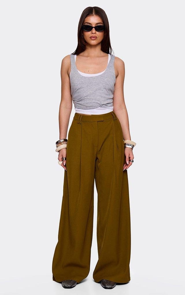 EGO Belt Loop Pleated Front Wide Leg Trousers In Olive Green, Women's Size UK 6 - 2