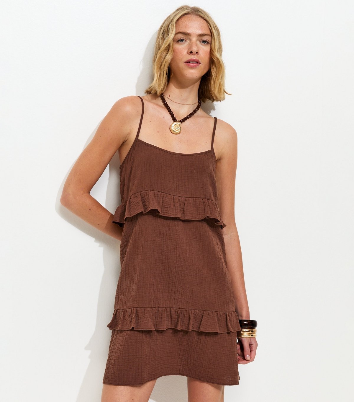 New Look Women's Brown Crinkle Texture Ruffle Trim Mini Dress New Look - 3