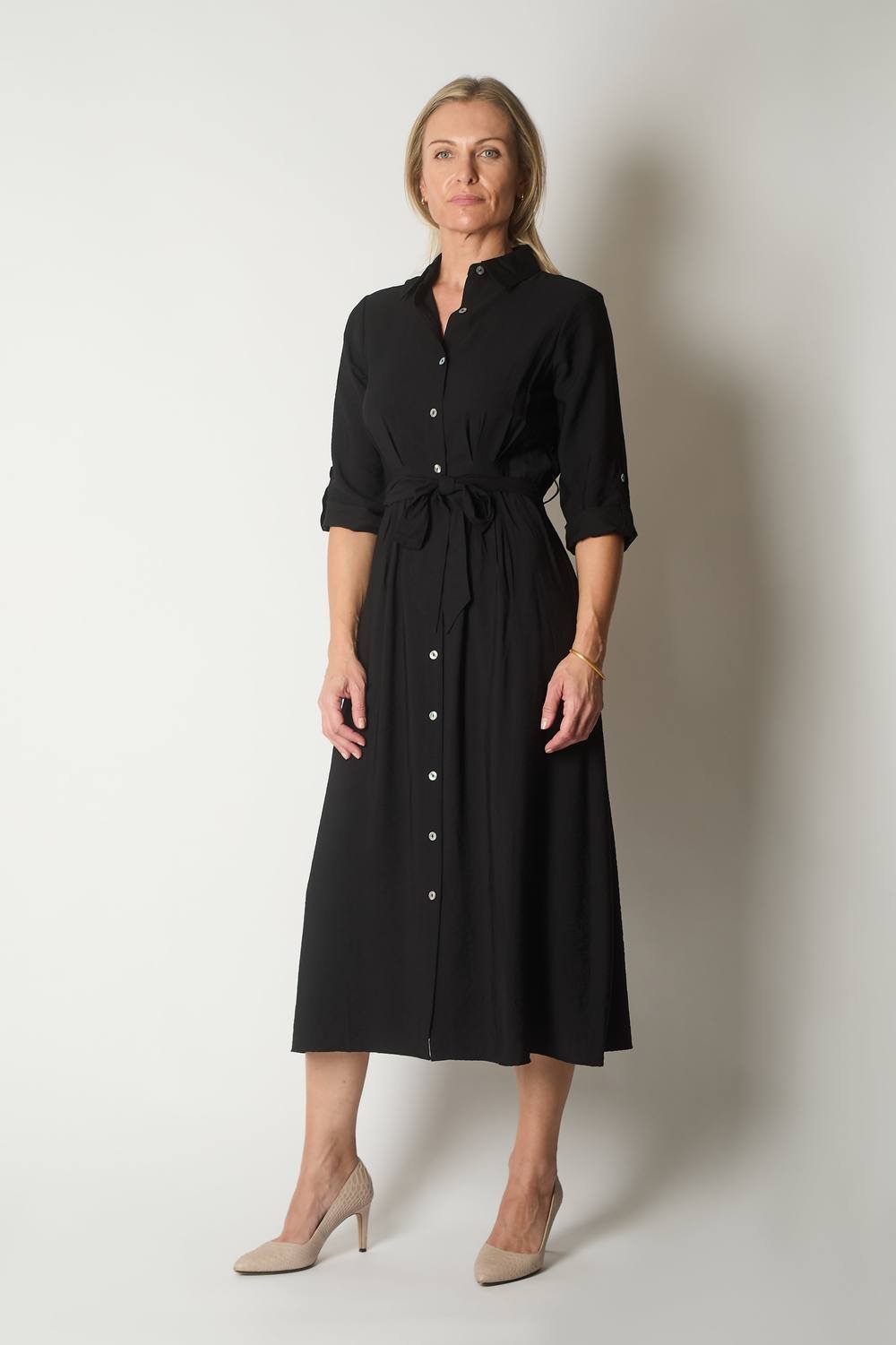 SOLO SOLO Women's Button-Down Shirt Dress with Waist Tie in Black - 2