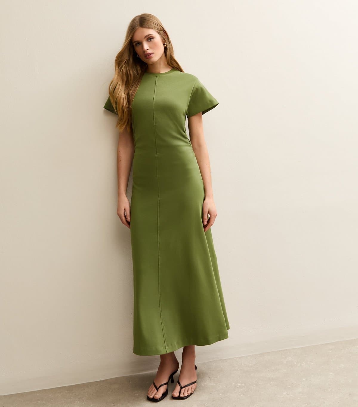 New Look Women's Dark Khaki Shirred Side Jersey Midi Dress New Look