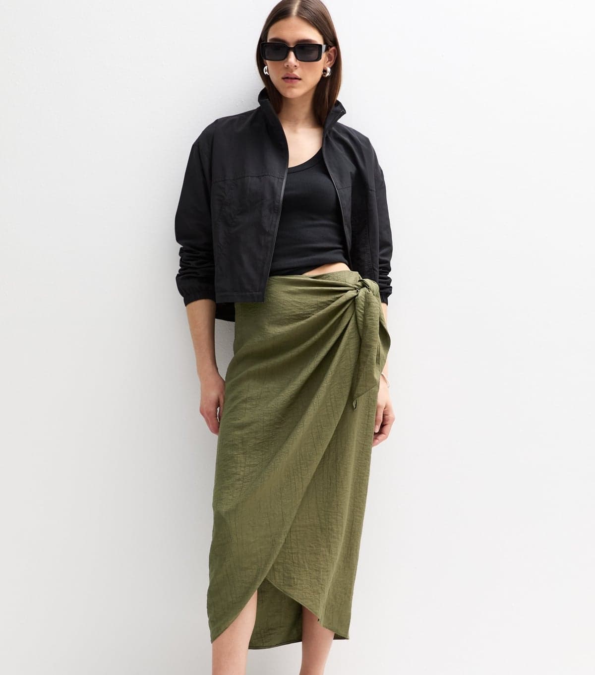 New Look Women's Khaki Crinkled Sarong Midi Skirt New Look