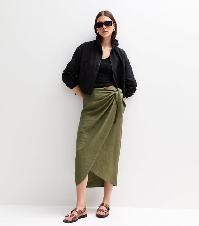 New Look Women's Khaki Crinkled Sarong Midi Skirt New Look - 3