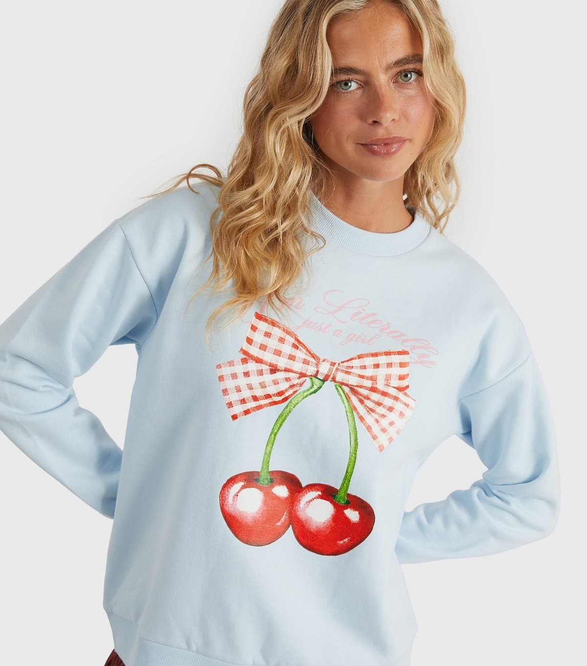 Custard Women's Clothing Blue Cherry Print Logo Sweatshirt Custard New Look