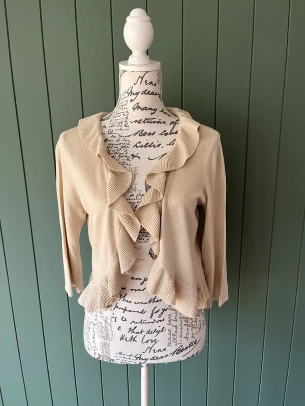 Bhs BHS Petites Ruffle Cardigan Sz 12-14 Stone Beige Cotton Linen Blend 3/4 Sleeve Vintage
